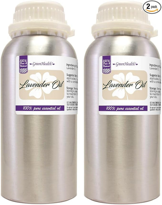 2 Bottles – GreenHealth Lavender Essential Oil – 16 fl oz Each (32 fl oz Total) – 100% Pure & Uncut – Aluminum Bottles – Bulk Lavender Oil for Diffuser, Aromatherapy, Soap Making & Candles