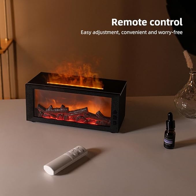 Fireplace Flame Diffuser & Humidifier with 2 Essential Oils – 4-in-1 Ultrasonic Aroma Mist Maker with Remote, 7-Color LED Flame Light, Auto Shut-Off, Quiet & Safe for Home, Bedroom, Office (Black)