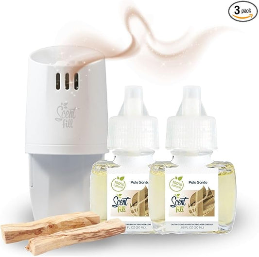 Scent Fill 100% Natural Palo Santo Plug in Air Freshener, Scented Oil Refills, 2 Refills + Diffuser
