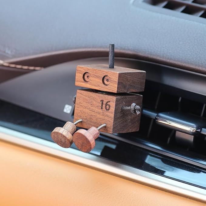 Car Air Diffuser - 2-in-1 Shaking Wooden Man Figurine & Refillable Aroma Vent Clip with 5ml Capacity + 5 Sticks, Walnut Wood Essential Oil Air Freshener, Car Dashboard Decor Gift for Driver