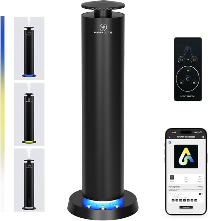 Waterless Diffuser Wireless Rechargeable Essential Oil Diffusers with LED Light – Bedroom Quiet Mist 1800 Sq Ft Coverage, APP+Remote+Button Control 120ml Metal Scent Machine Starter Kit (Black)