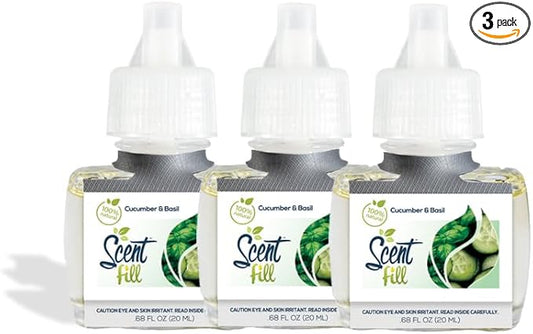 Scent Fill 100% Natural Cucumber Basil Plug in Air Freshener, Scented Oil Refills, 3 Refills