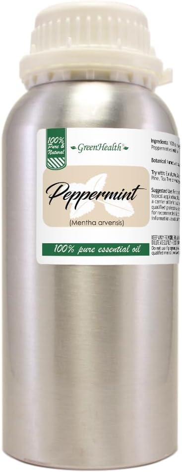 GreenHealth Peppermint Essential Oil – 4 Pack (16 fl oz Each) – 100% Pure & Uncut – Strong Menthol Scent – Aluminum Bottles for Diffusers, Cleaning, DIY Use