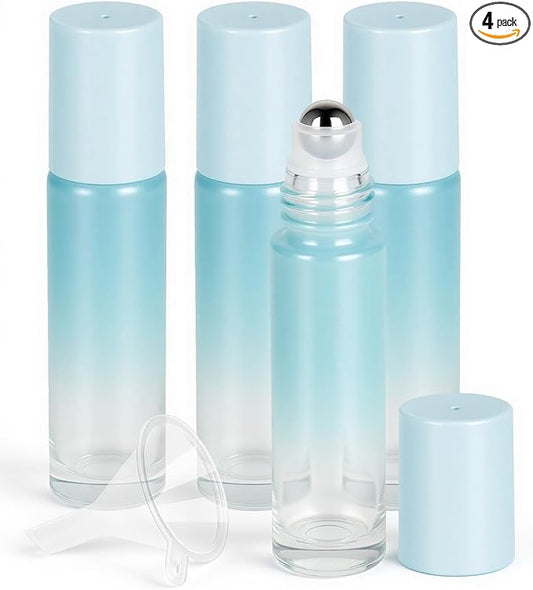 Worldgsb 4 Pack Essential Oil Roller Bottles, 10ml Refillable Glass Roller Bottles with Stainless Steel Roller Balls and Caps for Travel, Perfume and Lip Gloss Blue Gradient