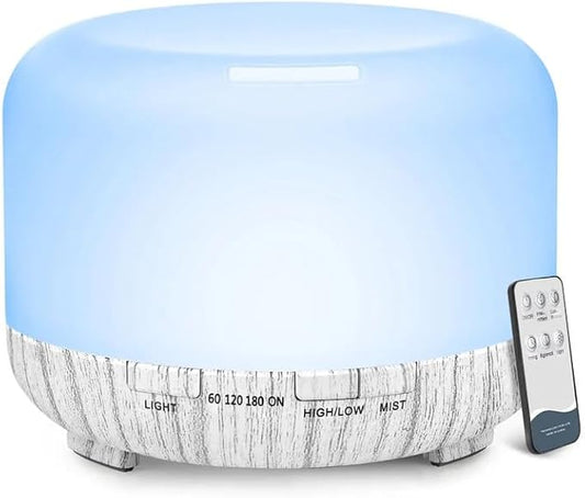 Magic Mist Aromatherapy Essential Oil Diffuser 500ml – Ultrasonic Diffuser with Remote Control, Timer, Auto Shut-Off, LED Light, Quiet Operation for Home Bedroom Office (White Wood Grain)