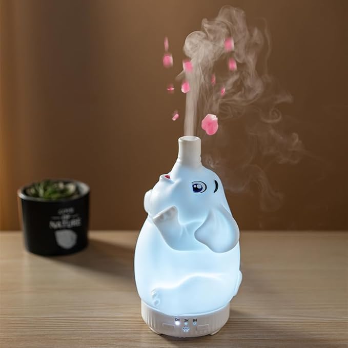 Morbou Rotating Elephant Diffuser with Color Gradient Light, Ultrasonic Silent Essential Oil Diffuser for Home Bedroom and Office, Cute Decorative Humidifier with Remote Control