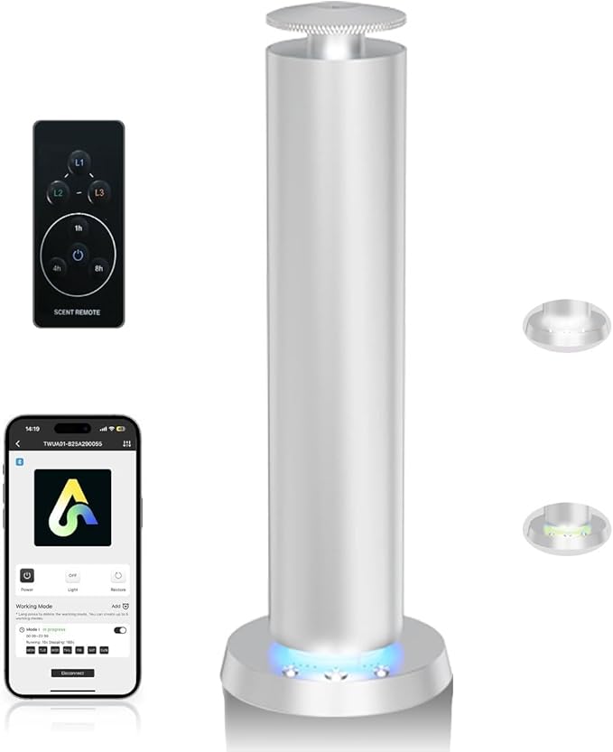 Waterless Diffuser Starter Kit Wireless Scent Machine with LED Light – APP & Remote & Button Control, Home Aromatherapy Quiet Mist 1800 Sq Ft Coverage, Cold Air Essential Oil Diffusers (Silver)