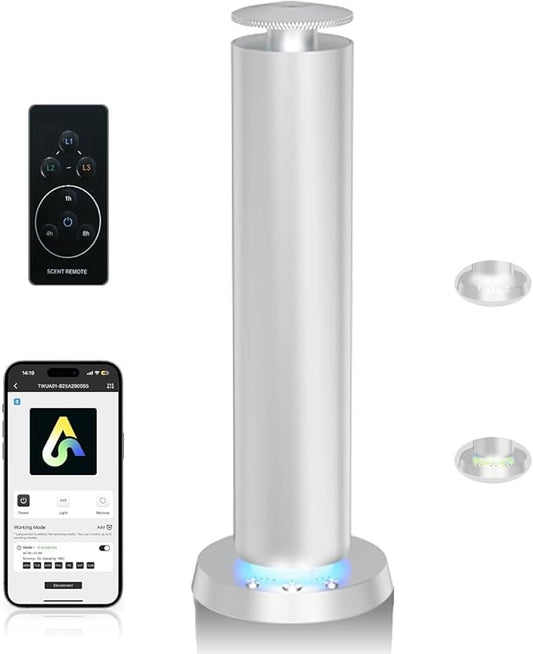 Waterless Diffuser Starter Kit Wireless Scent Machine with LED Light – APP & Remote & Button Control, Home Aromatherapy Quiet Mist 1800 Sq Ft Coverage, Cold Air Essential Oil Diffusers (Silver)