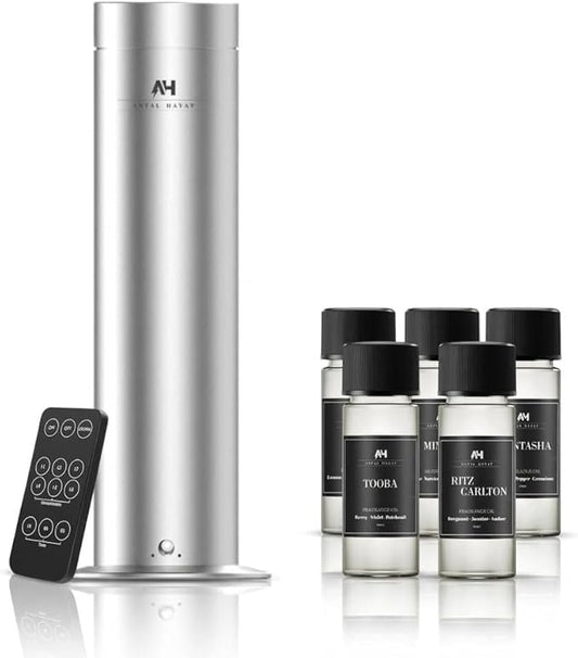 Electric Waterless Essential Oil Diffuser Starter Kit - Covers Up to 1000 Sq Ft - Essential Oil Diffuser for Large Rooms - Hotel-Inspired Home Aroma - Remote Control + 5 Premium Scent Oils Included