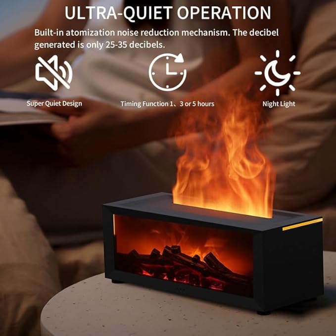 Fireplace Oil Diffuser, Mini Fireplace Diffuser, Flame Fireplace Aromatherapy Diffuser, Flame Aroma Humidifier Diffuser with Remote, Timer and Auto-Off for Home Room Office (White)
