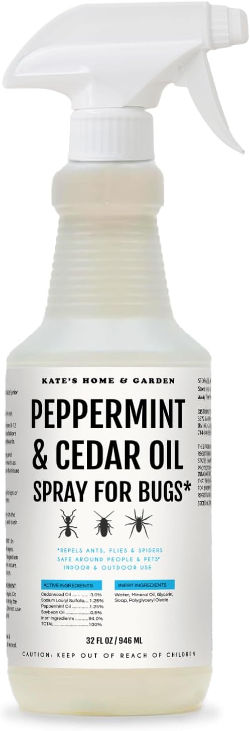 Kate's Home & Garden Peppermint Oil Spray for Bugs, Ants, Insects, Spiders, Roaches, Stink Bug. Pesticide and Insecticide Indoor Repellent Pest Control with Cedar Oil (32oz, Natural, Non Toxic)