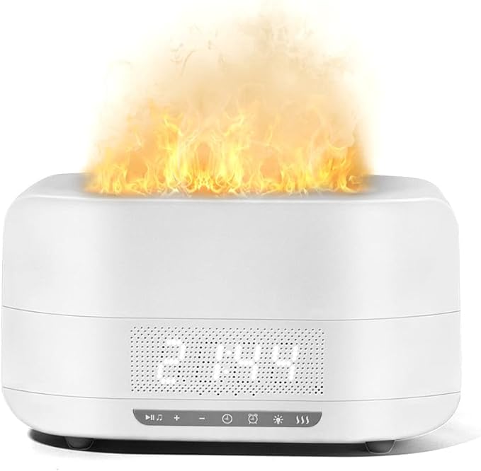 Aroma Essential Oil Diffuser & Humidifier 400mL, 5-in-1 Flame Effect Ultrasonic Diffuser with Bluetooth Speaker, LED Night Light & Clock, Quiet Diffuser for Bedroom Sleep Relaxation (White)