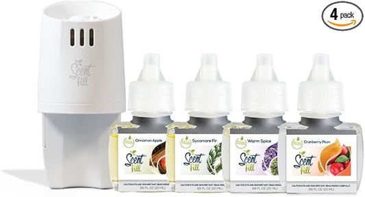 Scent Fill Holiday Kit (Cinnamon Apple, Sycamore Fir, Warm Spice, and Cranberry Plum), 4 Refills + Diffuser