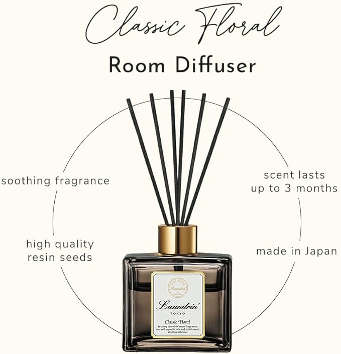 Laundrin Room Diffuser for Home - Scent Diffuser for Home, Freshener and Shelf Decor - Elegant Home Fragrance, Ideal Reed Diffusers for Office, and Living Area - 80ml, Classic Floral