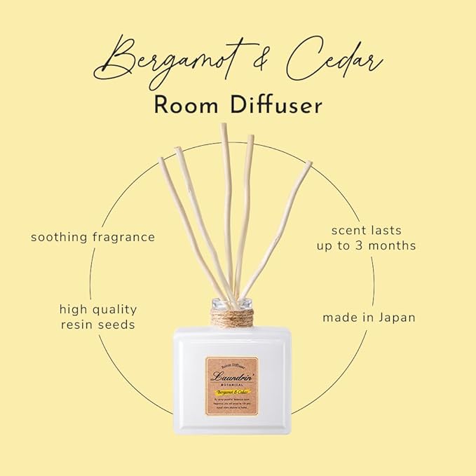 Laundrin Botanical Room Diffuser for Home - Scent Diffuser for Freshener & Shelf Decor - Elegant Home Fragrance, Ideal Reed Diffusers, Office, Living Area - 80ml, Bergamot & Cedar
