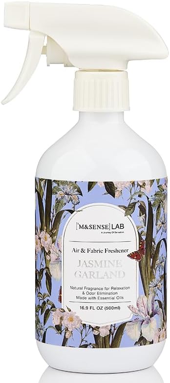 M&SENSE Jasmine Garland Scent Bundle - Reed Diffuser Oil Refill 16.9oz with 10 Sticks & Odor Eliminator Spray Natural Essential Oil Home Spa Office Pet Smoke Musty Smell Remover