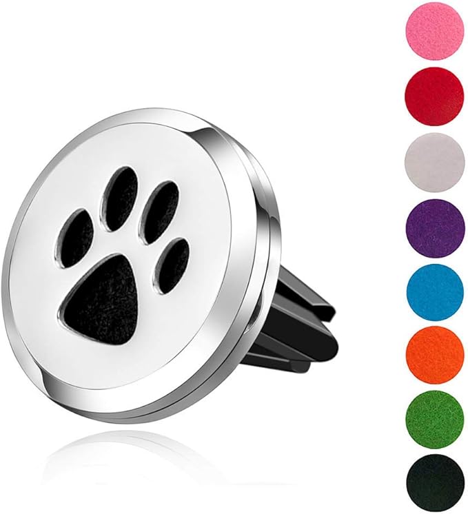 Wild Essentials Dog Paw Essential Oil Car Vent Diffuser Kit With Lavender, Lemongrass, Peppermint, Orange Oils, Stainless Steel Locket Pendant, 8 Refill Pads, Customizable Color Changing Air Freshener