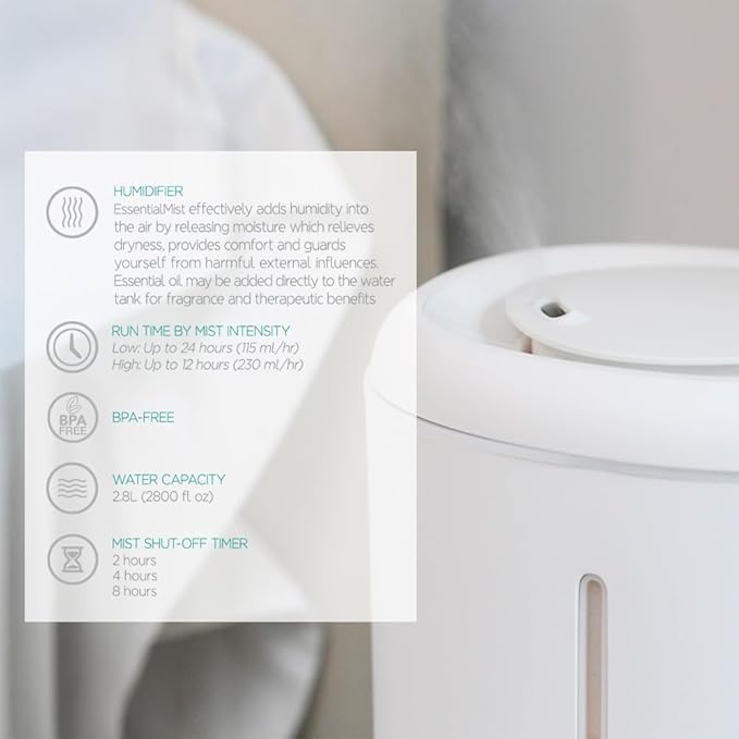 EssentialMist Essential Oil Humidifier and Diffuser, 3 Timer Settings, Night Light Mode, White