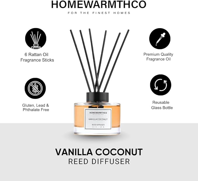 Vanilla Coconut & Citrus Reed Diffuser Set-Luxury Fragrance Reed Diffusers for Home, Office, Bathroom, Kitchen and Home Decor - Long-Lasting Scent with Non-Toxic Oils (5.63 oz 160ml)