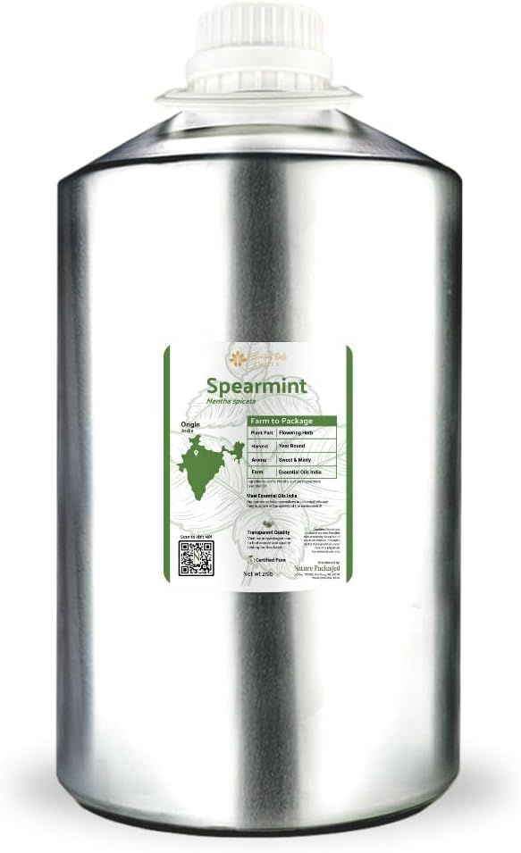 Spearmint Essential Oil - Direct from Essential Oils India - Steam Distilled - Aceite Esencial de Menta Verde for Aromatherapy, Massage, Diffuser, DIY Candle and Soap Making - 22lbs
