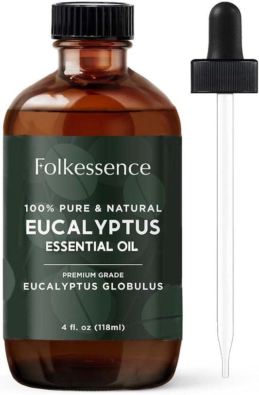 Folkulture Eucalyptus Essential Oil for Diffuser – 4 Fl Oz (118 ml) | 100% Pure & Undiluted Aromatherapy Oil with Glass Dropper | Refreshing Natural Oil for Home, Spa & Self Care