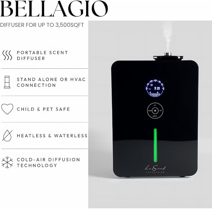 Aroma Scent Diffuser Bellagio - for Up to 3500sq ft HVAC System or Stand Alone - Fragrance Oil Hotel Diffuser Heatless, Waterless, Smart Timer, No Residue, Home Essential Oils Diffusers (Black)