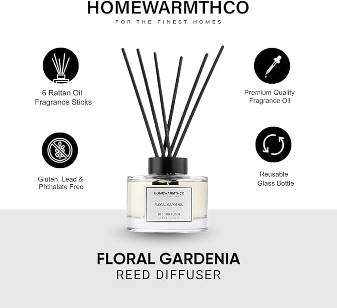 Gardenia Reed Diffuser Set - Luxury Fragrance Reed Diffusers for Home. Office, Bathroom, Kitchen and Home Decor - Long-Lasting Scent with Non-Toxic Oils (5.63 oz, 160ml)