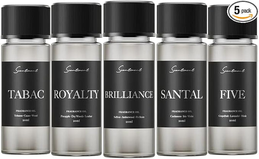 Scentiment Designer Diffuser Oils – Santal (Sandalwood), Tabac (Tobacco & Cacao), Brilliance (Saffron & Amber), Royalty (Pineapple & Leather), Five (Citrus & Musk) – 5 Pack, 0.68 fl oz (20 mL)