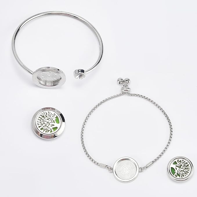 SUNNYCLUE 1 Box 2 Sets Essential Oil Diffuser Bracelets Essential Oil Bracelet Bangles with 10Pcs Refill Pad Tree of Life Stainless Steel Aromatherapy Locket Adjustable Jewelry for Women Gifts Travel