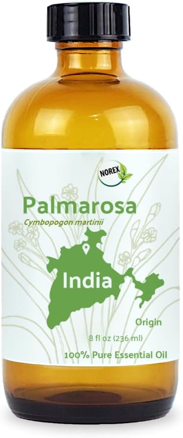 Palmarosa Essential Oil Direct from Norex Flavours India for Skin and Aromatherapy - Aceite de Palmarosa for Candle Scent for Candlemaking and Soaps (8oz)
