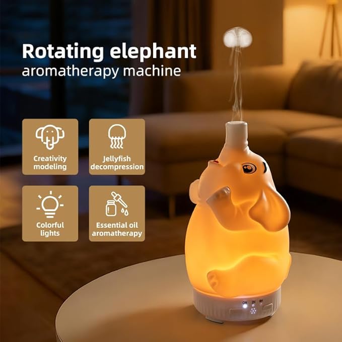 Morbou Rotating Elephant Diffuser with Color Gradient Light, Ultrasonic Silent Essential Oil Diffuser for Home Bedroom and Office, Cute Decorative Humidifier with Remote Control
