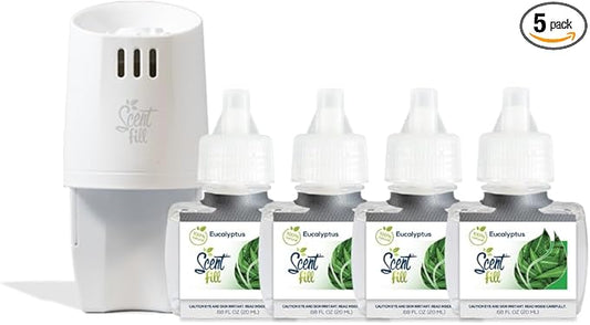 Scent Fill 100% Natural Eucalyptus Plug in Refills Air Freshener, Scented Oil Refills, 4 Refills & Diffuser
