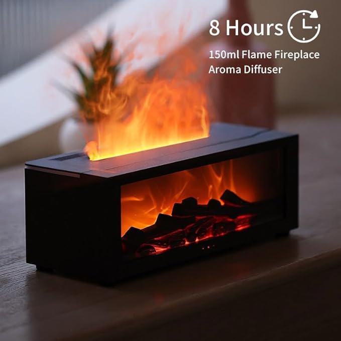 Fireplace Oil Diffuser, Mini Fireplace Diffuser, Flame Fireplace Aromatherapy Diffuser, Flame Aroma Humidifier Diffuser with Remote, Timer and Auto-Off for Home Room Office (White)