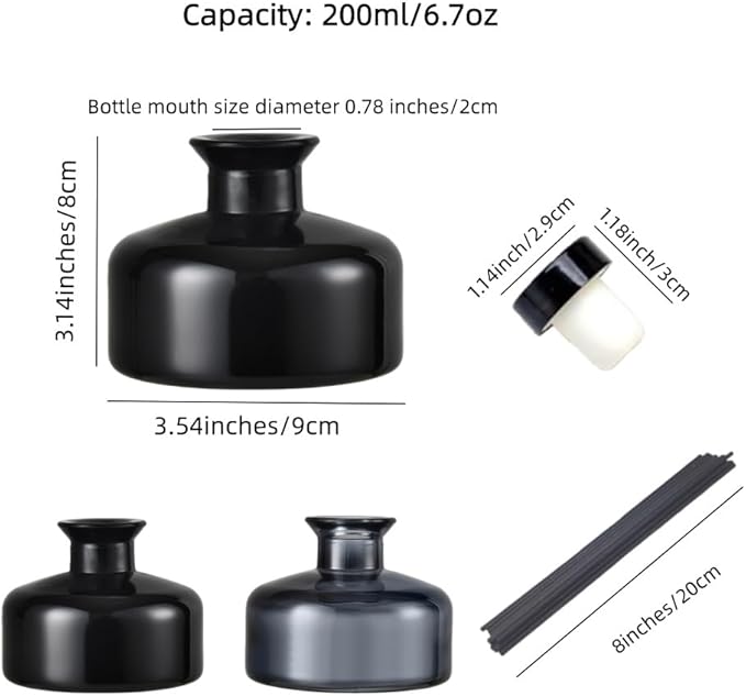 2 Pcs 200ml Empty Reed Diffuser Bottle and 20 pcs Black Reed Diffuser Sticks Refill Set for Bathroom Hotel Home Decoration(Black, 200ml)