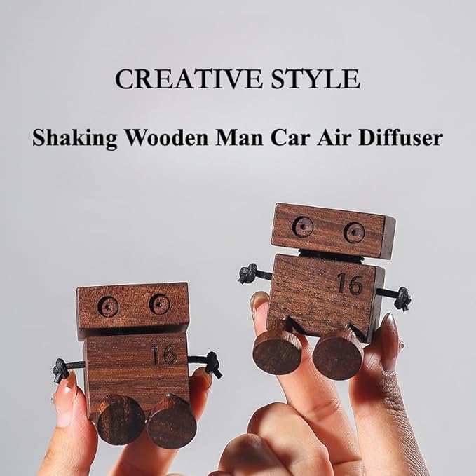 Car Air Diffuser - 2-in-1 Shaking Wooden Man Figurine & Refillable Aroma Vent Clip with 5ml Capacity + 5 Sticks, Walnut Wood Essential Oil Air Freshener, Car Dashboard Decor Gift for Driver