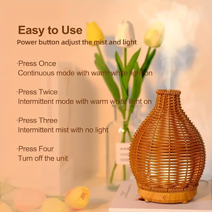 Essential Oil Diffuser - Rattan Humidifier,Multifunction Aromatherapy Diffuser with Warm Light 80ML Cool Mist Humidifier Waterless Auto Shut-off for Home,Baby Bedroom,Office