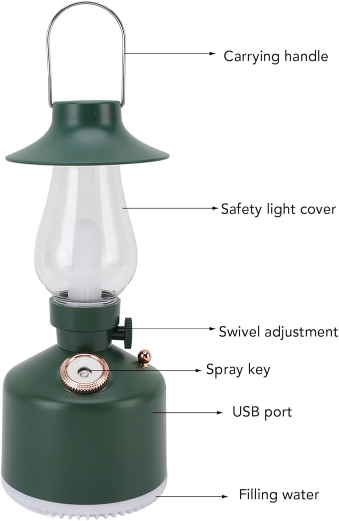 Vintage Humidifier, Essential Oil Diffuser, USB Rechargeable, Portable Lamp Humidifier, for Home Bedroom Camping (Green)