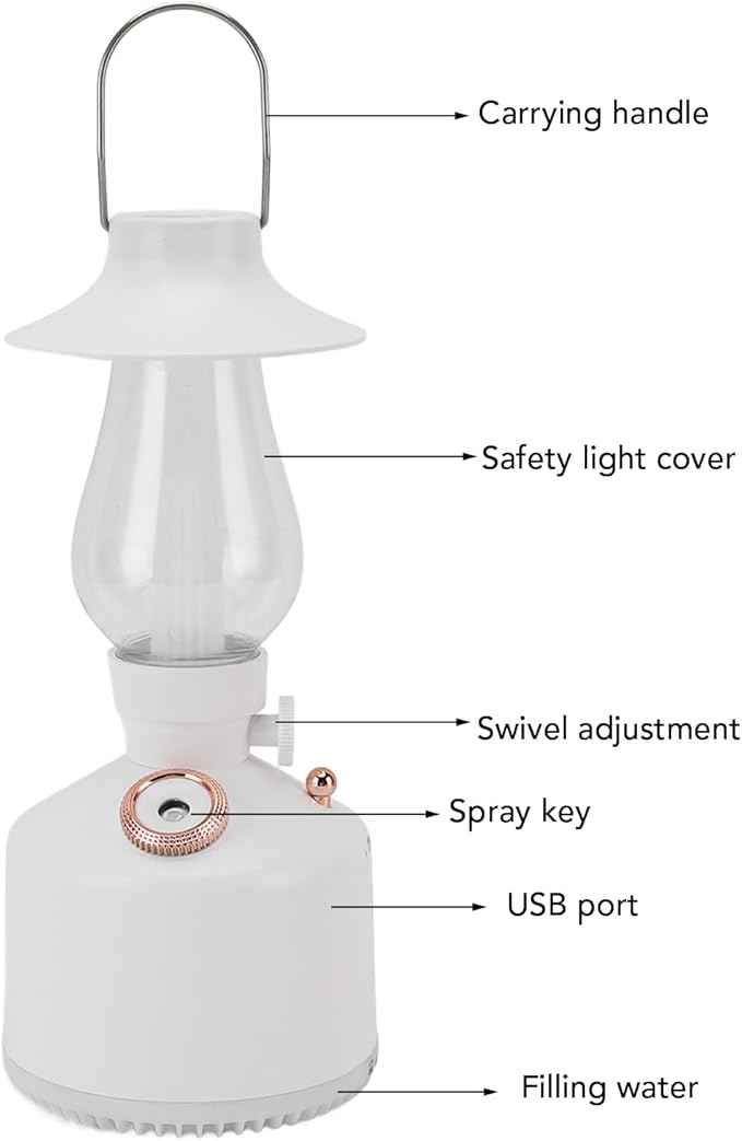 Vintage Humidifier, Essential Oil Diffuser, USB Rechargeable, Portable Lamp Humidifier, for Home Bedroom Camping (White)