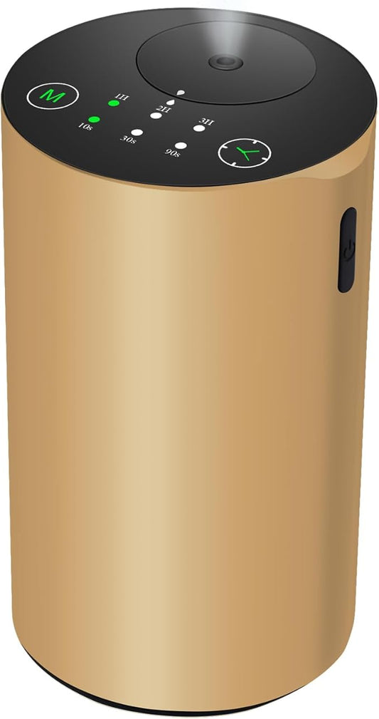 Waterless Essential Oil Diffuser, 7 Colors LED Light, Battery Powered Mini Scent Air Machine, Aromatherapy Mist Diffuser for Home Room Car Office，Black Aluminum Alloy (Gold)