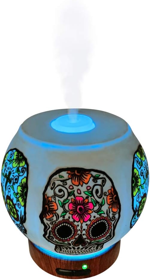 Essential Oil Diffuser Ultrasonic Handcrafted 120ml Aroma Essential Oil Cool Mist Humidifier with Adjustable Mist Mode, Auto Shut-Off and 7 Color LED Lights Changing (Sugar Skull)
