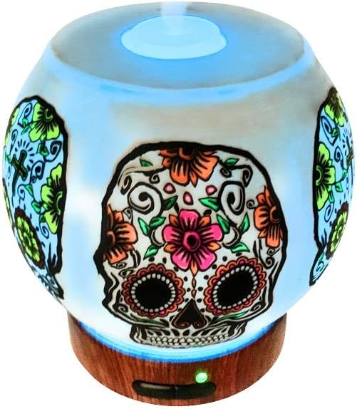 Essential Oil Diffuser Ultrasonic Handcrafted 120ml Aroma Essential Oil Cool Mist Humidifier with Adjustable Mist Mode, Auto Shut-Off and 7 Color LED Lights Changing (Sugar Skull)