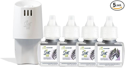 Scent Fill 100% Natural Lavender Plug in Refills Air Freshener, Scented Oil Refills, 4 Refills + Diffuser