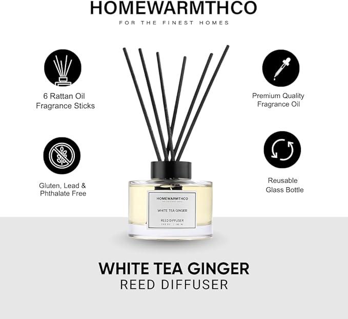 White Tea Amber Reed Diffuser Set - Luxury Fragrance Reed Diffusers for Home. Office, Bathroom, Kitchen and Home Decor - Long-Lasting Scent with Non-Toxic Oils (5.63 oz, 160ml)