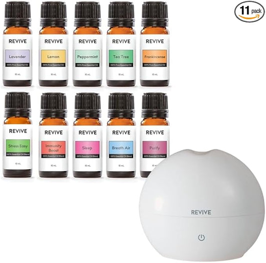 Starter Kit with Halo Diffuser by Revive Essential Oils - 100% Pure Therapeutic Grade, for Diffuser, Humidifier, Massage, Aromatherapy, Skin & Hair Care