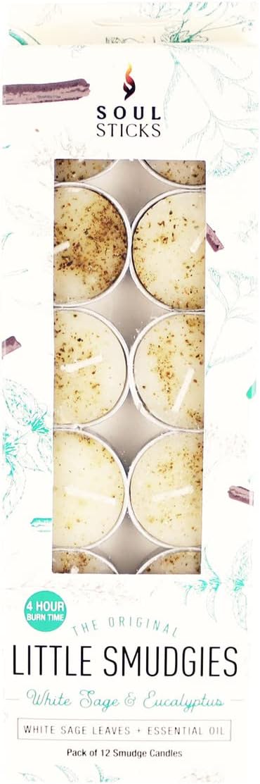 SOUL STICKS Aroma Smudge Kit | Gift Set with Little Smudgies Candles, Smudge Spray, Essential Oil and 2 Selenite Wand in White Gift Box (Eucalyptus)