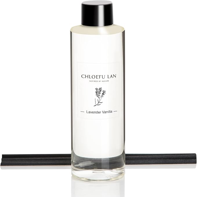 Chloefu LAN Lavender Reéd Diffuser Refill 200ml/6.76 fl oz Natural Essential Lavender Scented Oil - Best for Aromatherapy, SPA and Home, 0% Alcohol, Fresh & Long Lasting, Free Set of Diffuser Sticks
