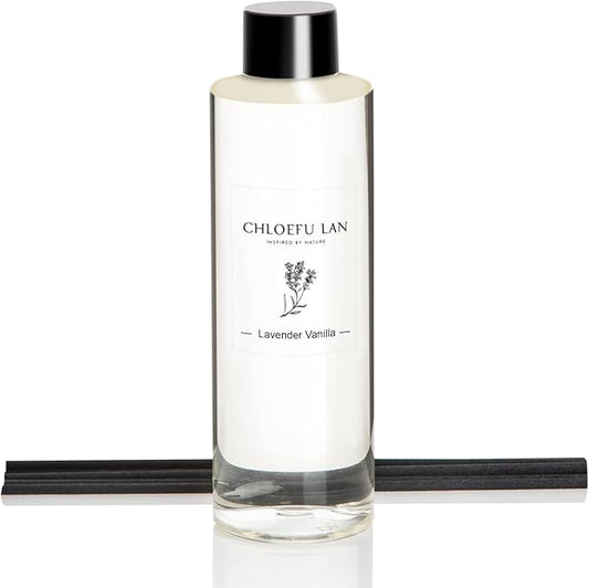 Chloefu LAN Lavender Reéd Diffuser Refill 200ml/6.76 fl oz Natural Essential Lavender Scented Oil - Best for Aromatherapy, SPA and Home, 0% Alcohol, Fresh & Long Lasting, Free Set of Diffuser Sticks