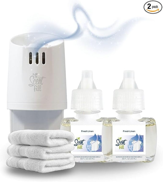 Scent Fill Fresh Linen Plug in Air Freshener, Scented Oil Refills, 2 Refills + Diffuser