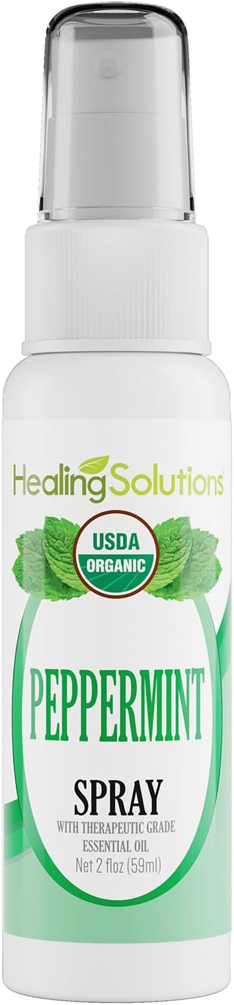 Healing Solutions - Peppermint Essential Oil Spray, (2 oz) USDA Certified Organic Aromatherapy Room & Linen Spray, Pillow & Bedding Mist, Shower Steam, Natural Peppermint Air Freshener