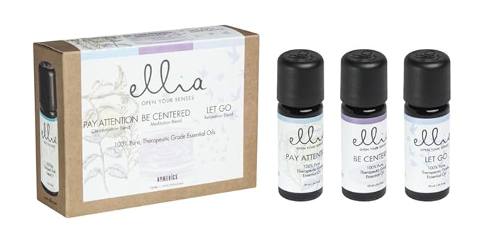 Ellia Essential Oil Set, Calm and Concentration, Including Signature Blends of Pay Attention, Be Centered, and Let Go. 3 Pack Essential Oil Kit, 10ml Each, by Homedics